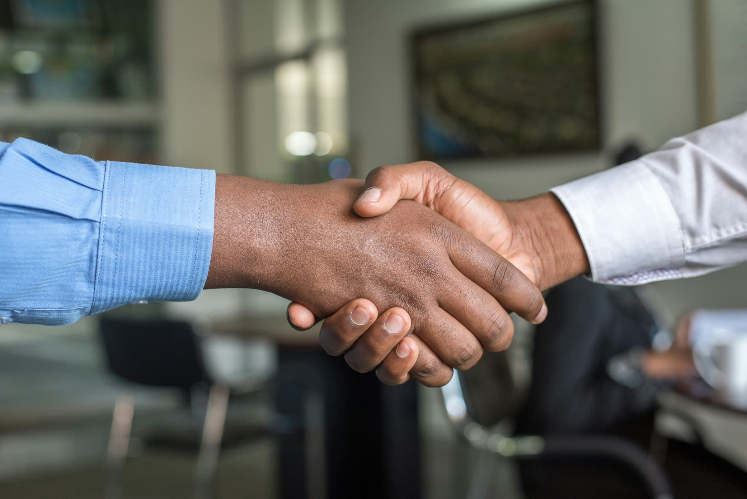 Two professionals sealing a partnership with a handshake